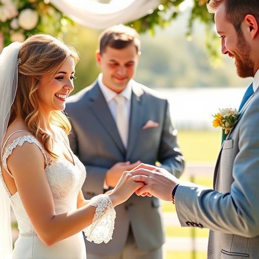 Casal sorrindo apaixonadamente durante a troca de alianäas em uma cerimônia de casamento ensolarada.