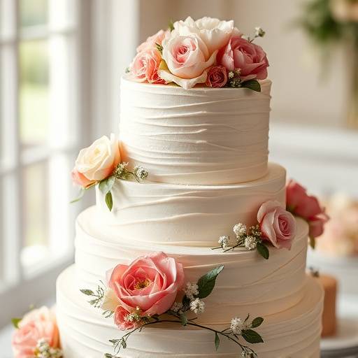 Detalhe elegante do bolo de casamento decorado com flores delicadas, capturando a beleza e o requinte da celebraäão.