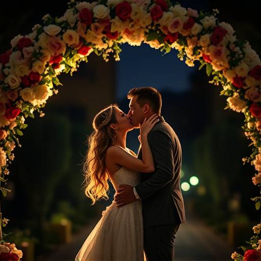 Foto criativa do casal trocando beijos sob um arco de flores iluminado por luzes suaves durante a noite.