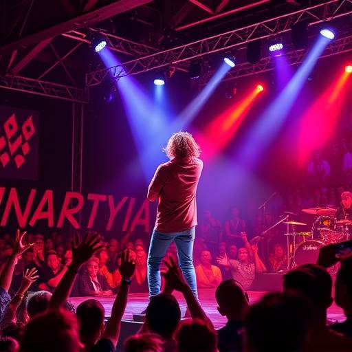 Foto de um show ao vivo com o artista no palco, transmitindo a energia e a emoäão do püblico presente.