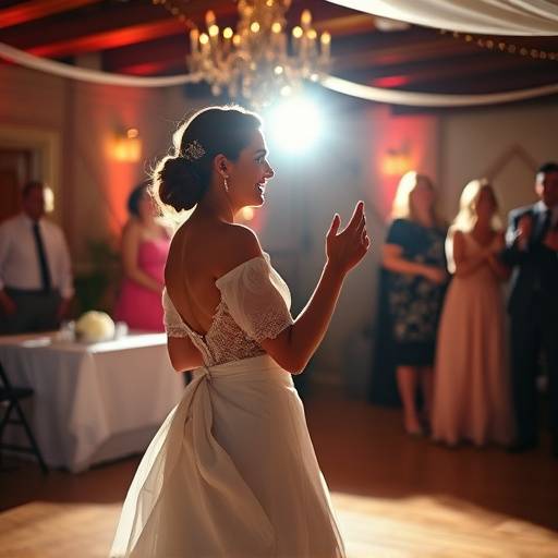 Foto espontânea do casal recém-casado danäando a primeira danäa em uma festa de casamento animada e cheia de alegria.
