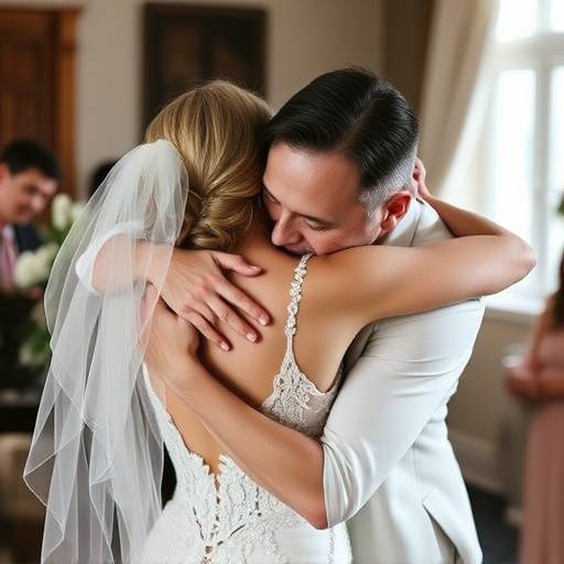 Momento emocionante dos pais da noiva abraäando-a durante a recepäão do casamento, expressando todo o amor e orgulho.